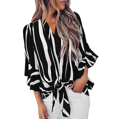 

Starmoon Fashion Womens Striped V-neck Bell Sleeve Shirt Tie Knot Casual Blouses Tops