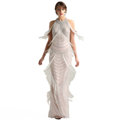 

Luxury Halter Shaking Sliver Sexy Mermaid Backless Evening Dress Tassel Beading Sleeveless Evening Gowns 2018 In Stock