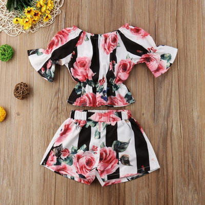 

Canis Toddler Kids Girls Stripe Floral Tunic Tops Shorts Outfits Set Clothes