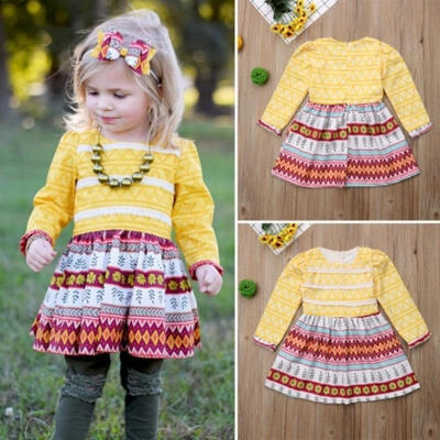 

Christmas Fashion Cute Baby Girl Geometric Print Long Sleeve Round Collar Boho Wedding Party Dress Princess Dress