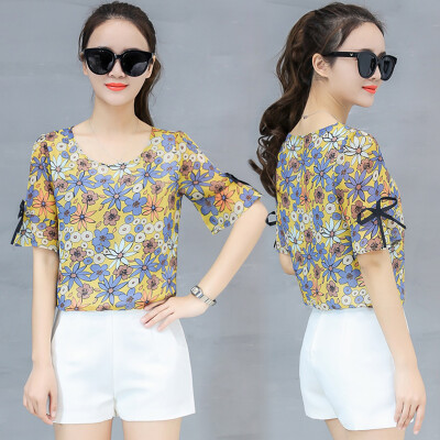 

Women Temperament Flower Print Chiffon Shirt Sexy Round Neck Short Sleeve Casual Tops