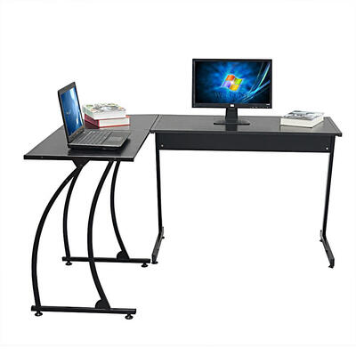 

3-Piece Home Office L-Shaped Corner Computer Desk Workstation wMetal Frame Foot Pads - Black