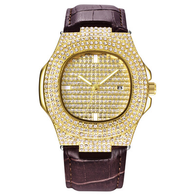 

Gobestart Quartz Analog Date Leather Band Men Full Crystal Wrist Watch Steady Gift
