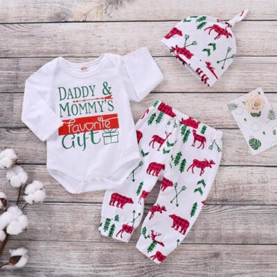 

Newborn Baby Boys Girls Christmas Outfit Long Sleeve Romper Bodysuit ShirtsDeer Pants Hats 3Pcs Clothes Set