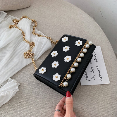 

Ins bag summer fresh Pearl womens bag new 2019 popular chain shoulder slung small square bag tide