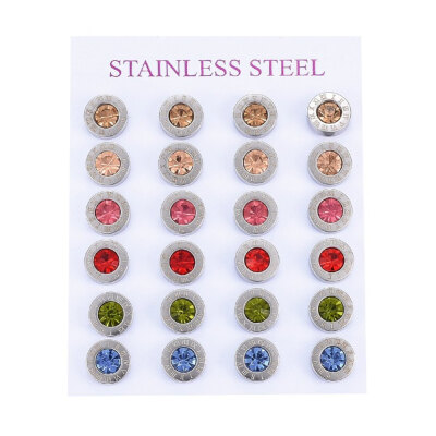 

304 Stainless Steel Stud Earrings with Rhinestone Flat Round with Roman Numerals Mixed Color 9x35mm Pin 08mm 12pairscard