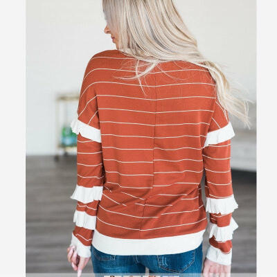 

New Orange Striped Hoodies Long Sleeve Ruffle T Shirt Casual Blouse Tops