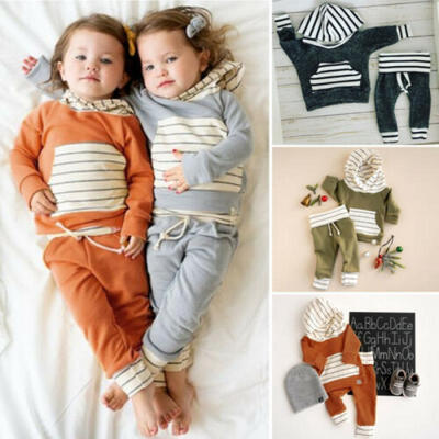 

Newborn Baby Boy Girl Winter Clothes Striped Hooded Tops Long Pants Outfits