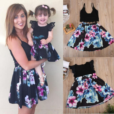 

Cute Daughter Mother Matching Outfits Floral Kids Dress Women TopSkirt Set