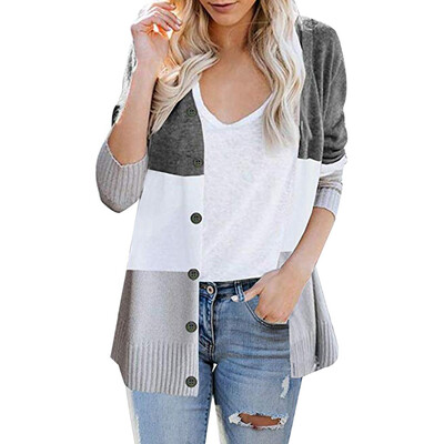 

Toponeto Womens Long Sleeve Color Block Button Casual Knitted Outerwear Cardigan Sweater