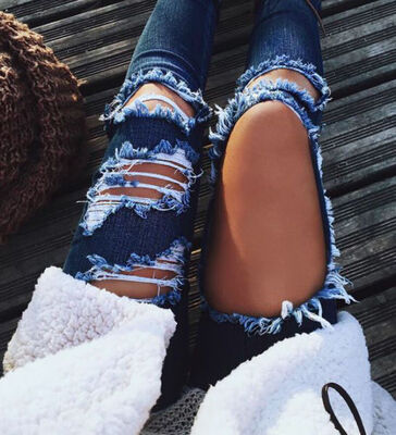 

Women Hole Destroyed Ripped Distressed Slim Denim Pants Boyfriend Jeans Trousers