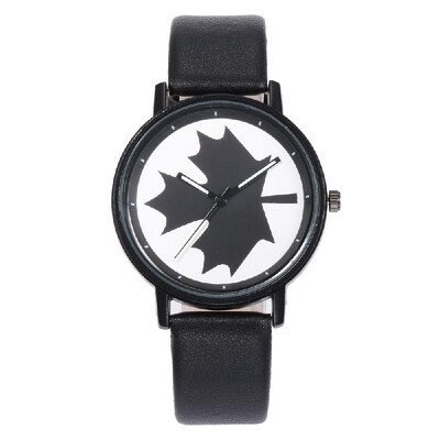 

Women Maple Pattern Wrist Watch Lady Fashion Alloy Case Leather Band Quartz Watch