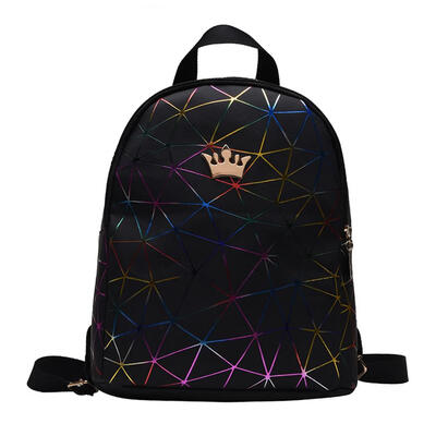 

Geometric Print Crown Decor Travel Backpacks Women Laser Leather Knapsack