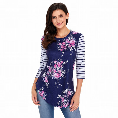 

Round neck seven-point sleeve wave point blue strip shirt retro straight top