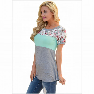 

Three-layer color block round neck short-sleeved floral print straight T-shirt top