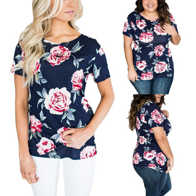 

Nomeni Women Short Sleeve Round Neck Floral Printed Blouse Casual Tops T Shirt