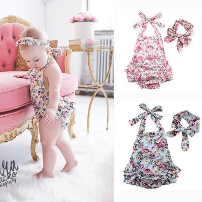 

2pcs Baby Infant Girls Rompers Lace Dress Backless Floral Jumpsuitheadband