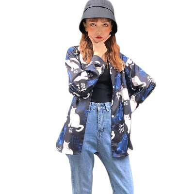 

Women Casual Cat Print Long-sleeved Shirt New Fashion Lapel Women Tops Korean Style Female Loose Blouses blusas mujer