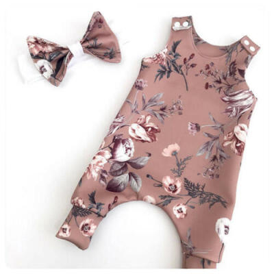 

US Baby Girl Romper BodysuitHeadband Set Sleeveless Floral Clothes Outfit 0-24M