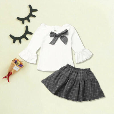 

UK Baby Girl Flare Long Sleeve Tops Plaid Skirt Dress Summer Cotton Clothes Sets