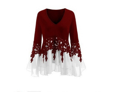 

Women New Fashion Chiffon Lace Stitching Blouse Plus Size Long Sleeve Shirt Dress V Neck Loose T Shirt