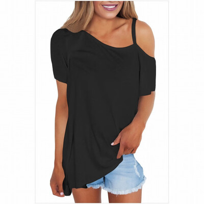 

Unilateral oblique collar short-sleeved solid color loose casual top