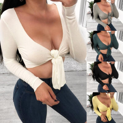

Sexy Women Solid Tie Front Top Deep V Neck Translucent Clubwear Beach Crop Top