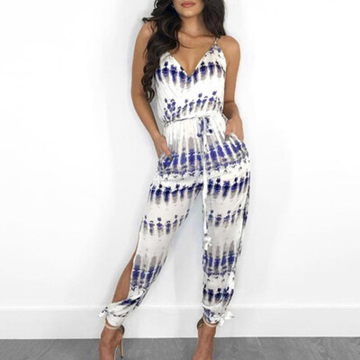 

Starmoon Womens Fashion Summer Tie Dye Print Spaghetti Strap Slit Leg Lace Up Jumpsuit
