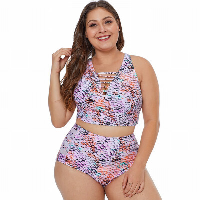 

Plus Size tropical print retro high waist triangle split swimsuit