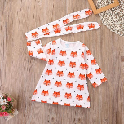 

2PCS Set Newborn Infant Baby Girl Long Sleeve Fox Dress Headband Clothes Outfits