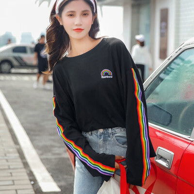 

Harajuku Girl Women Cute Cartoon Rainbow Stripe Print T-Shirt Long Sleeve Round Neck Student Casual Oversized Loose T-shirt Tops