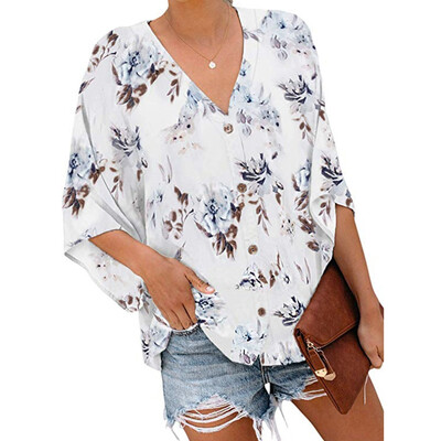 

Starmoon Womens Floral V Neck Button Down 34 Bell Sleeve Blouse Loose Shirt Tops