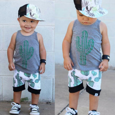 

US 2PCS Toddler Baby Boy Outfits Clothes Cactus T-shirt Shorts Summer Clothing