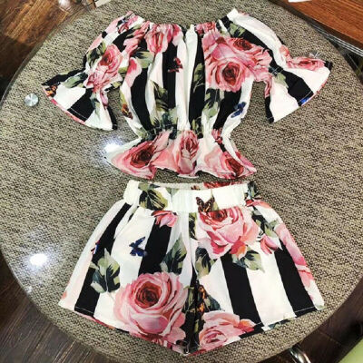 

Fashion Toddler Kids Girls Stripe Floral Tunic Tops Shorts Outfits Set Clothes