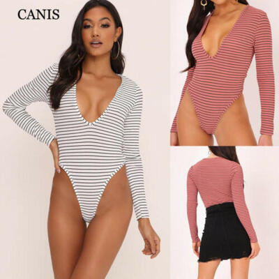 

HOT Women Sexy Long Sleeve Bodysuit V Neck Tops Leotard Jumpsuit Bodycon Romper