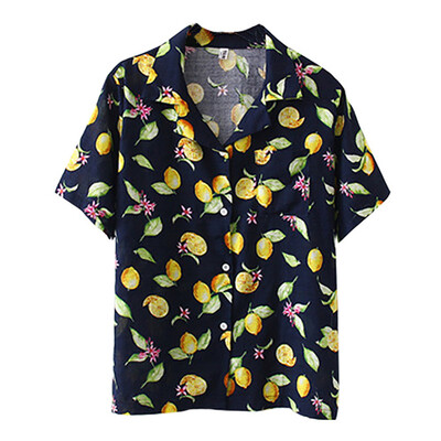 

Summer Short Sleeve Print Women Blouses Turn Down Collar Loose Casual Tops Ladies Pineapple Cherry Print Shirt Women Clothing