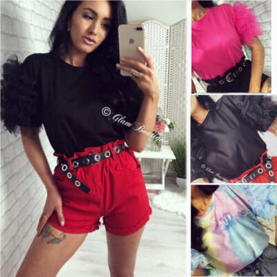 

Women Cropped Tops Sheer Tee Casual T-shirts Mesh Puff Sleeve Blouse Slim Fit