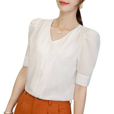 

Women V-Neck Solid Color Shirts Summer Short Sleeve Casual Top Female Button Fashion Chiffon Blouse Office Lady Shirt