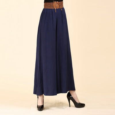 

Women Summer Solid Color Loose Wide Leg Loose Elastic High Waist Tie Straight Casual Nine Pants