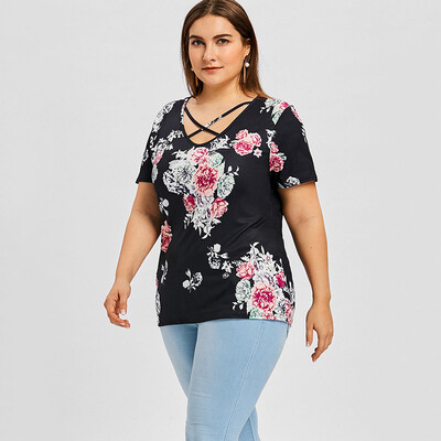 

PREISEI New Summer Women Sweet Print T-Shirt Solid Soft Elastic V-Neck Short Sleeve Plus Size T Shirt Ladies Tops PR0385