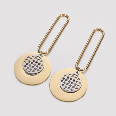 

304 Stainless Steel Dangle Stud Earrings Flat Round&Oval Golden & Stainless Steel Color 72mm Pin 08mm