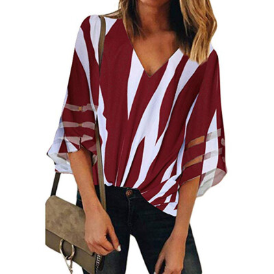 

Starmoon Womens Lady Stripe Splice V Neck Lace Patchwork Blouse Casual Loose Shirt Tops