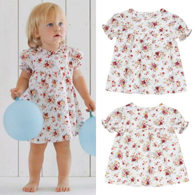 

Summer Casual Baby Girls Floral Print Dress Cotton Kids Toddler Puff Sleeve Sundress Summer Princess Dress