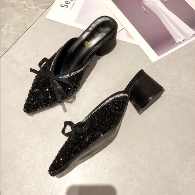 

Tip-toed thick-heeled Muller shoes middle-heeled nightclub womens shoes diamonds sequins single shoes bows half-slippers b