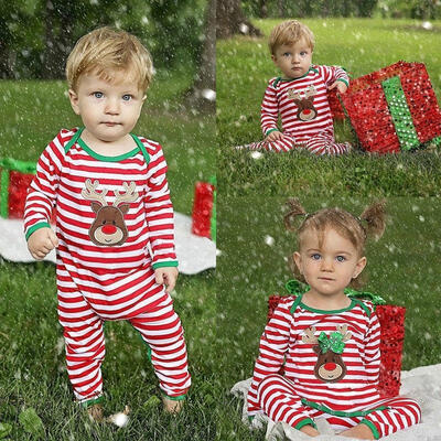 

Christmas Newborn Kids Baby Boys Girls Striped Pajamas Sleepwear Romper Bodysuit