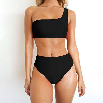 

Women Two Pieces Swimsuit One Shoulder Solid Bikini Set Bathing Swimwear