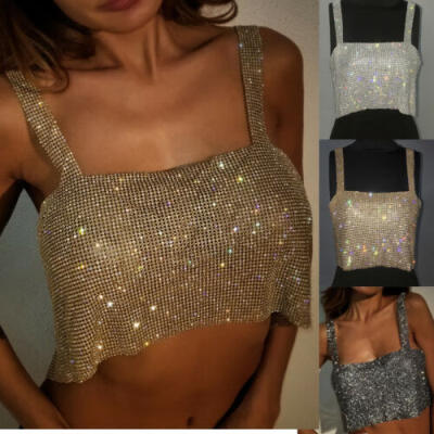 

Sexy Womens Crystal Halter Body Chain Shiny Sparkle Cami Crop Top Clubwear Vest