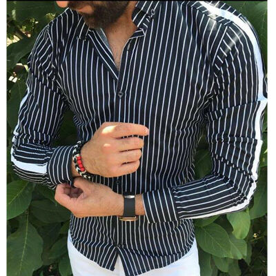 

Mens Slim Fit V Neck Long Sleeve Muscle Tee T-shirt Casual Tops Stripe Shirts