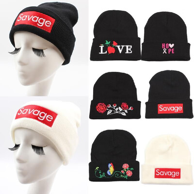 

Women Men Rose Embroidery Savage Beanie Hats Embroidered Flower Knitted Caps Warm Outdoors Skullies Caps