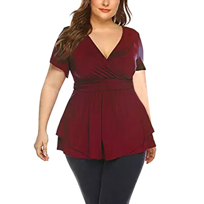 

Roseonmyhand Womens Plus Size V Neck Wrap Front Drape Summer Tops Pleated Waist Shirt Blouse